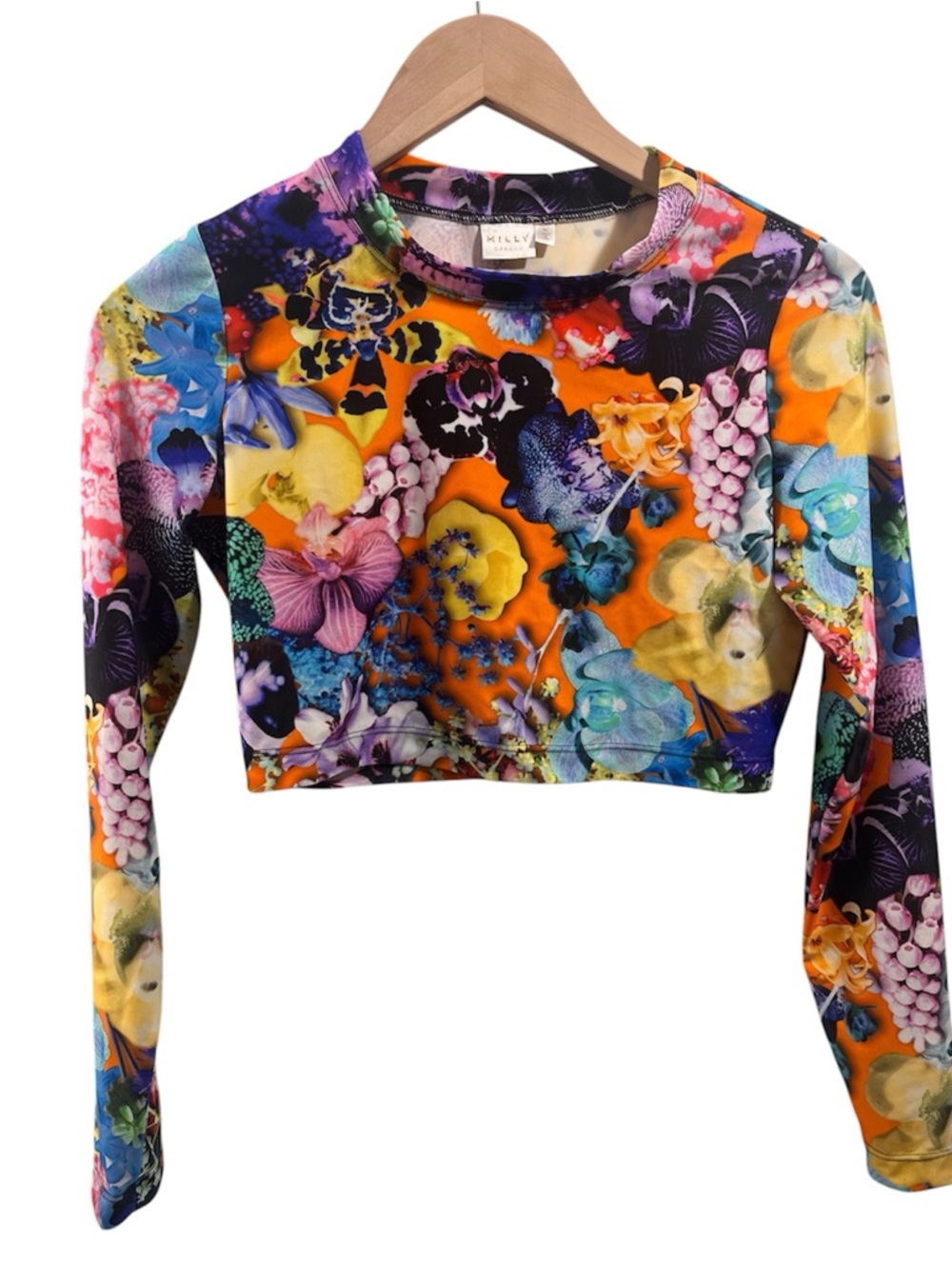 Milly Cabana Multicolor Floral Long Sleeve Swimwear Cropped Top- Medium